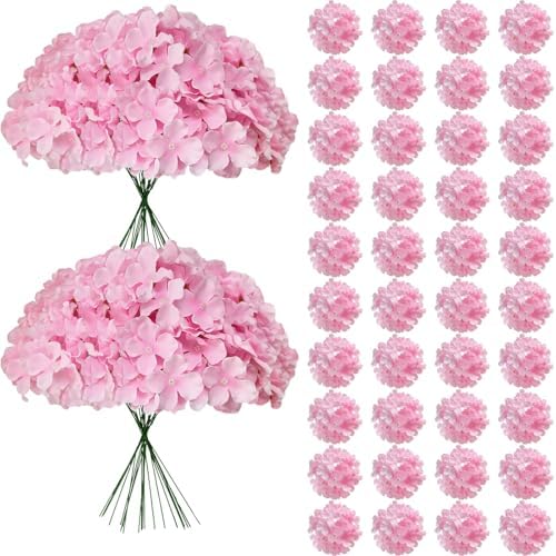 65Pcs Pink Hydrangea Artificial Flowers Bulk, Realistic Silk Fake Flowers with Stems, Faux Hydrangea Flowers for