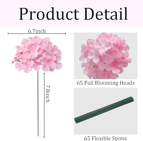 65Pcs Pink Hydrangea Artificial Flowers Bulk, Realistic Silk Fake Flowers with Stems, Faux Hydrangea Flowers for, alternate