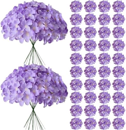 65Pcs Purple Hydrangea Artificial Flowers Bulk, Realistic Silk Fake Flowers with Stems, Faux Hydrangea Flowers