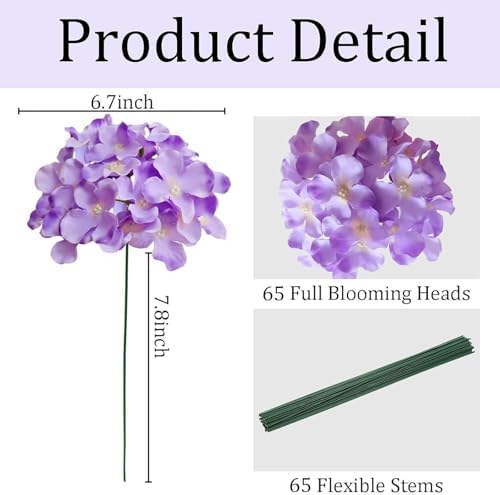 65Pcs Purple Hydrangea Artificial Flowers Bulk, Realistic Silk Fake Flowers with Stems, Faux Hydrangea Flowers, alternate
