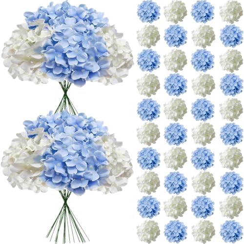65Pcs Whiteblue Hydrangea Artificial Flowers Bulk, Realistic Silk Fake Flowers with Stems, Faux Hydrangea