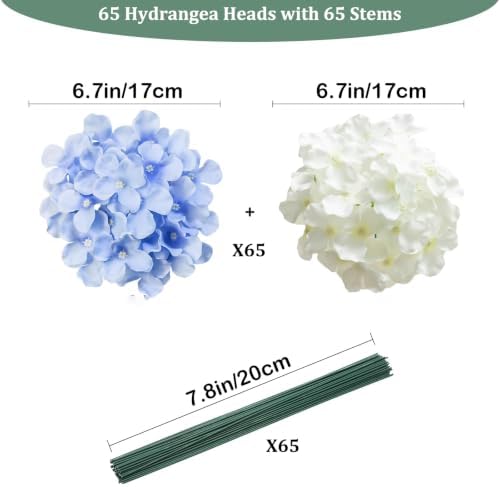 65Pcs Whiteblue Hydrangea Artificial Flowers Bulk, Realistic Silk Fake Flowers with Stems, Faux Hydrangea, alternate view 3
