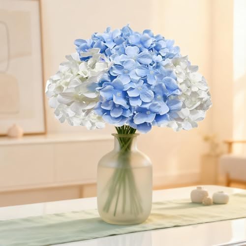 65Pcs Whiteblue Hydrangea Artificial Flowers Bulk, Realistic Silk Fake Flowers with Stems, Faux Hydrangea, alternate view 4