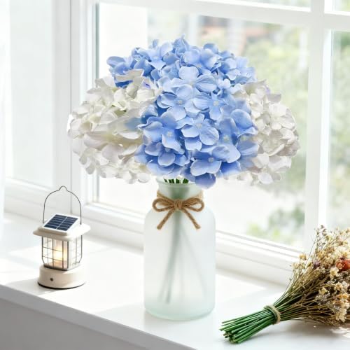65Pcs Whiteblue Hydrangea Artificial Flowers Bulk, Realistic Silk Fake Flowers with Stems, Faux Hydrangea, alternate view 6