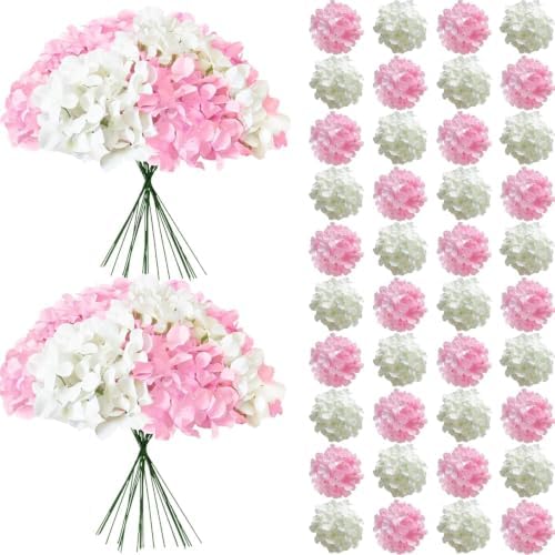 65Pcs Whitepink Hydrangea Artificial Flowers Bulk, Realistic Silk Fake Flowers with Stems, Faux Hydrangea