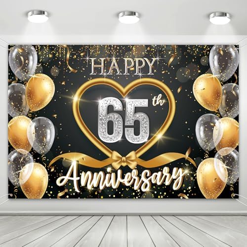 65th Anniversary Backdrop, Black Gold 65 Year Wedding Decorations Banner, Happy 65th Anniversary Party Supplies