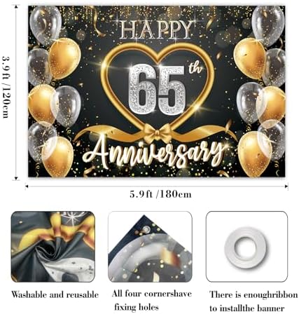 65th Anniversary Backdrop, Black Gold 65 Year Wedding Decorations Banner, Happy 65th Anniversary Party Supplies, alternate