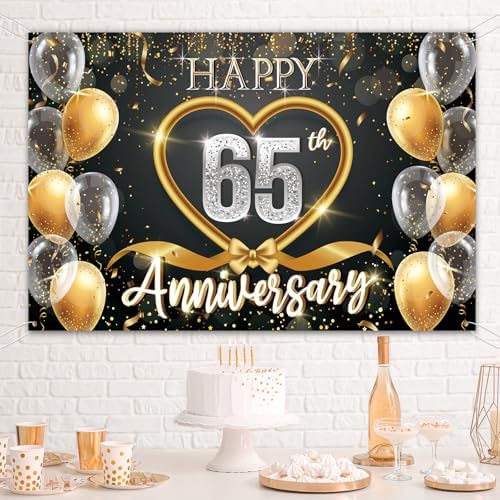 65th Anniversary Backdrop, Black Gold 65 Year Wedding Decorations Banner, Happy 65th Anniversary Party Supplies, alternate