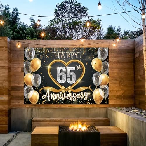 65th Anniversary Backdrop, Black Gold 65 Year Wedding Decorations Banner, Happy 65th Anniversary Party Supplies, alternate