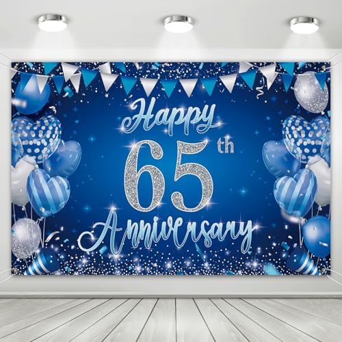 65th Anniversary Backdrop, Blue & Silver Happy 65th Wedding Anniversary Photo Background Wall Decor, Couples