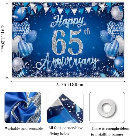65th Anniversary Backdrop, Blue & Silver Happy 65th Wedding Anniversary Photo Background Wall Decor, Couples, alternate view