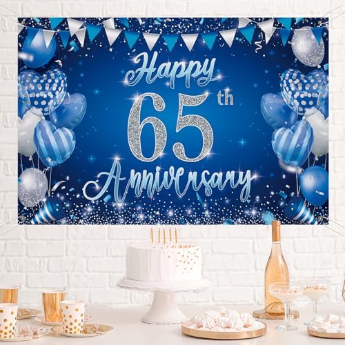65th Anniversary Backdrop, Blue & Silver Happy 65th Wedding Anniversary Photo Background Wall Decor, Couples, alternate view