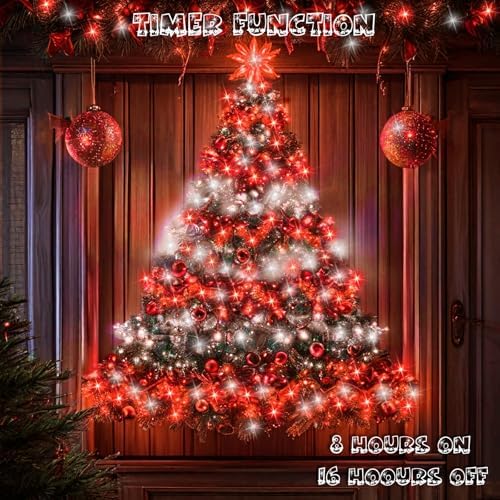 66FT 200 LED Fairy Lights Plug in, 8 Modes Christmas Lights Red and White, alternate view 4