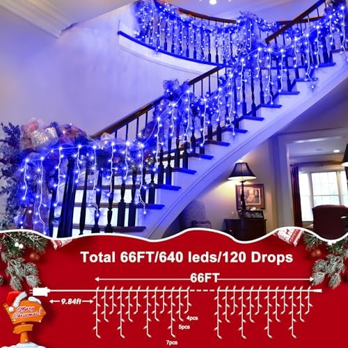 66ft 640 LED Christmas Lights Outdoor with 120 Drops, 8 Modes Curtain Fairy Lights Plug in Waterproof Timer, alternate view 5