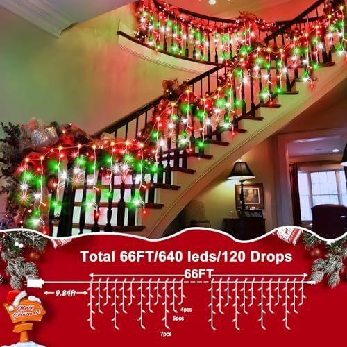 66ft 640 LED Christmas Lights Outdoor with 120 Drops, 8 Modes Curtain Fairy Lights Plug in Waterproof Timer, alternate view 5