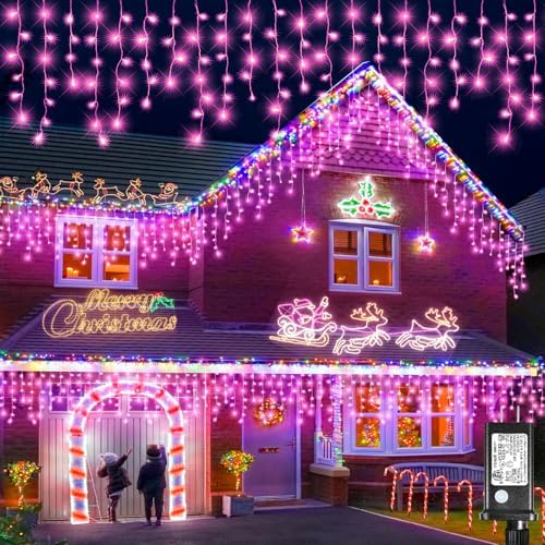 66FT 640 LED Icicle Lights for Outside, 8 Modes 120 Drops, Pink in Pink