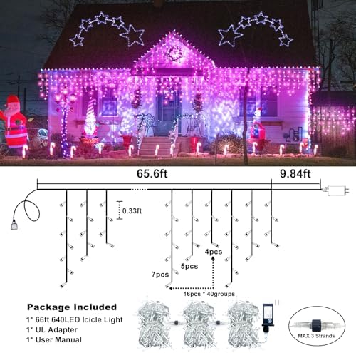 66FT 640 LED Icicle Lights for Outside, 8 Modes 120 Drops, Pink in Pink, alternate view 4