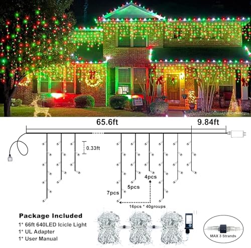 66FT 640 LED Icicle Lights for Outside 8 Modes 120 Drops, Red and Green, alternate view 5