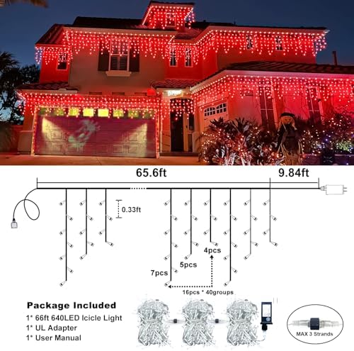 66FT 640 LED Icicle Lights for Outside, 8 Modes 120 Drops, Red in Red, alternate view 4