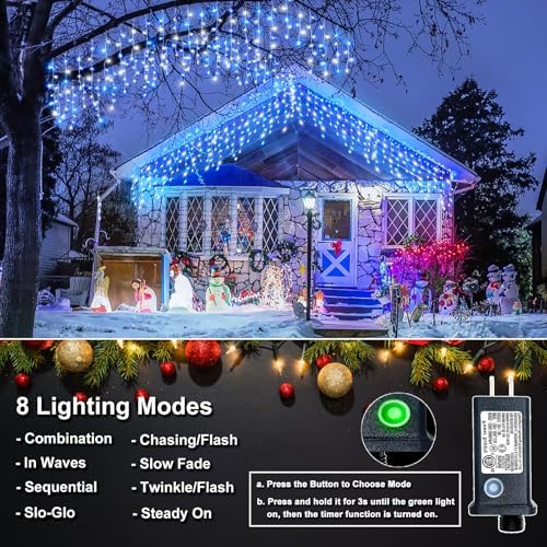 66FT 640 LED Icicle Lights for Outside, Blue and White Christmas Lights, alternate view 2