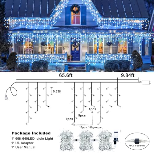 66FT 640 LED Icicle Lights for Outside, Blue and White Christmas Lights, alternate view 4