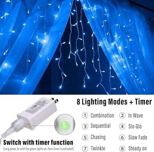 66FT Christmas Icicle Lights Outdoor Non-Connectable Blue, alternate view 3