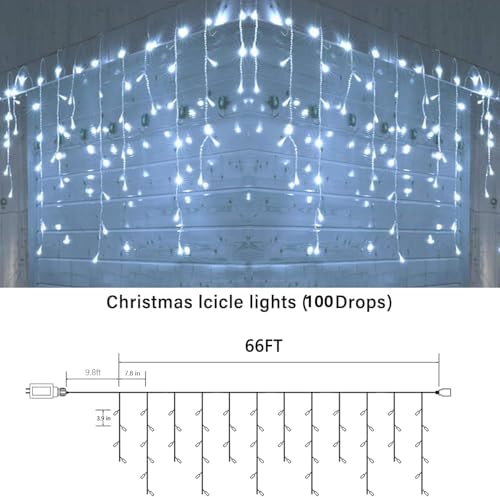 66FT Christmas Icicle Lights Outdoor Non-Connectable White, alternate view 3