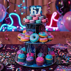 67 Birthday Cupcake Stand - 3 Tier 67 Birthday Decorations Dessert Holder Neon Blue Number Party Decorations, alternate view