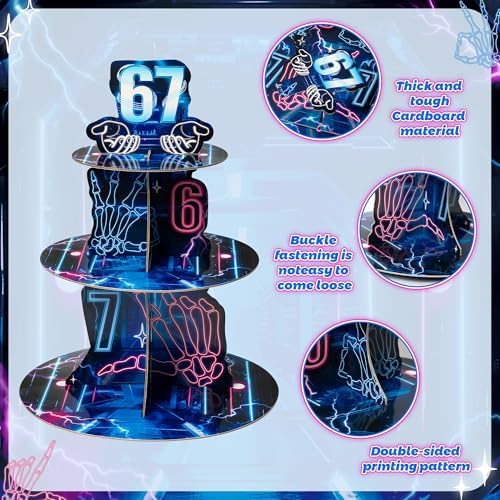67 Birthday Cupcake Stand - 3 Tier 67 Birthday Decorations Dessert Holder Neon Blue Number Party Decorations, alternate view