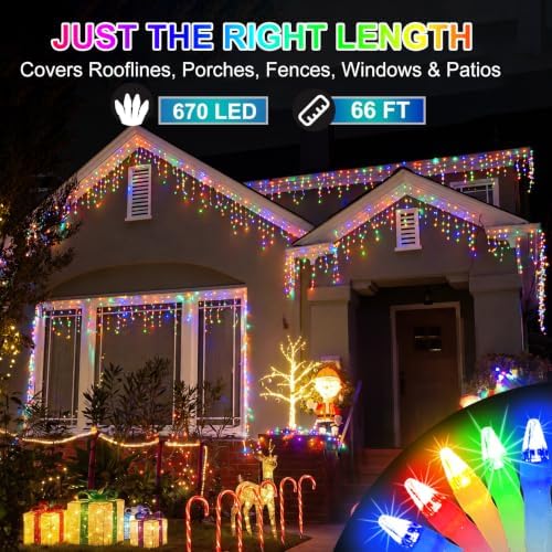 670 LED 66FT Christmas Icicle Lights, 148 Drops, 12 Modes, Multicolor, alternate view 2