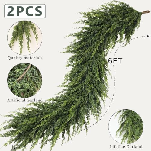 6FT 2PCS Artificial Christmas Cedar Pine Garlands for Mantle Home Decor in Green, alternate view 5