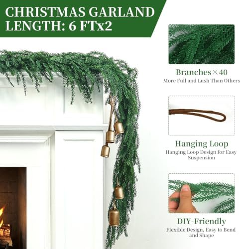 6Ft 2Pcs Artificial Norfolk Pine Garland, Real Touch Faux Greenery for Fireplace Mantel Staircase Wall, alternate view 4