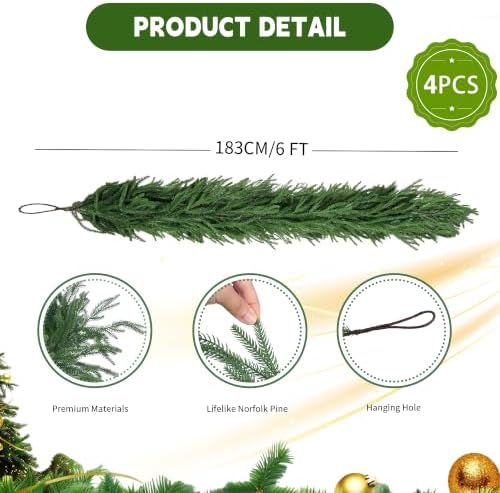 6FT 4 PCS Artificial Norfolk Pine Garlands, Real Touch Christmas Decorations in Green, alternate view 2