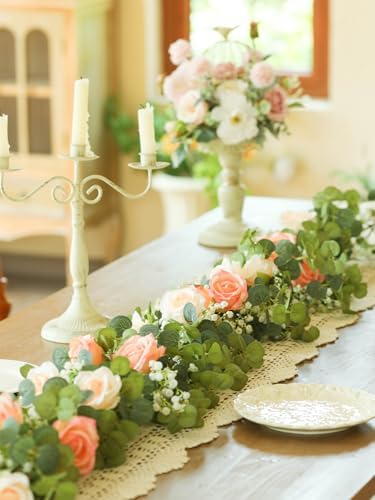 6FT Artificial Eucalyptus Flower Garland with Pink Roses & Baby's Breath, alternate view 3