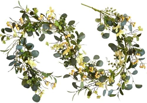 6FT Artificial Eucalyptus Garland, Spring Greenery Garland with Berries and Wildflowers for Home Table Mantle