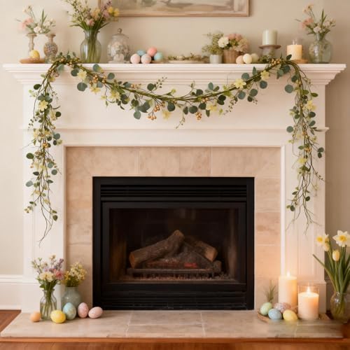 6FT Artificial Eucalyptus Garland, Spring Greenery Garland with Berries and Wildflowers for Home Table Mantle, alternate view