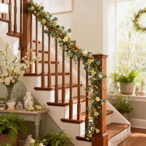 6FT Artificial Eucalyptus Garland, Spring Greenery Garland with Berries and Wildflowers for Home Table Mantle, alternate view