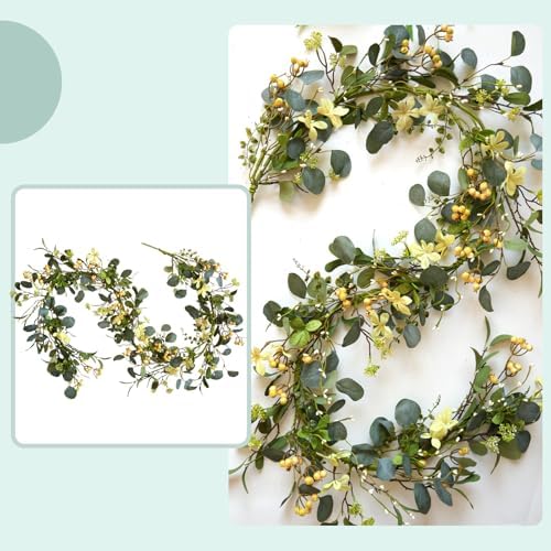 6FT Artificial Eucalyptus Garland, Spring Greenery Garland with Berries and Wildflowers for Home Table Mantle, alternate view