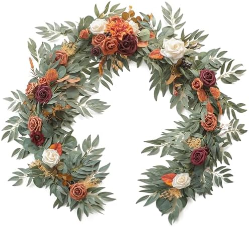 6ft Artificial Eucalyptus Garland with Flowers Fake Greenery Burnt Orange Faux Floral Vine Garland for Table