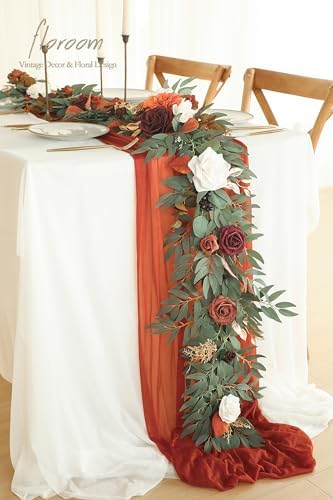 6ft Artificial Eucalyptus Garland with Flowers Fake Greenery Burnt Orange Faux Floral Vine Garland for Table, alternate view