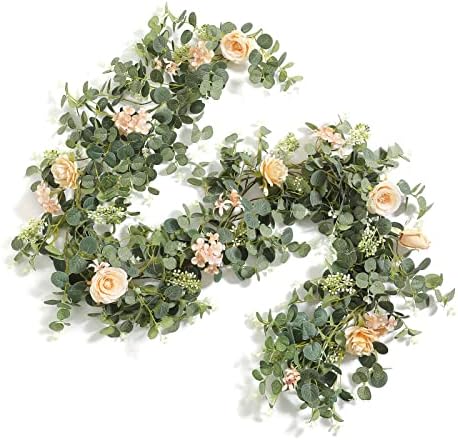 6FT Artificial Flowers Eucalyptus Garland with Roses Flower Vine Greenery Hanging Plant for Wedding Party Arch