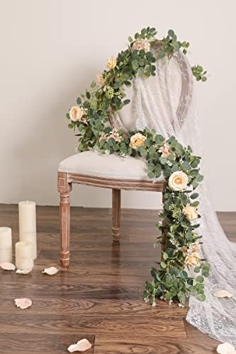 6FT Artificial Flowers Eucalyptus Garland with Roses Flower Vine Greenery Hanging Plant for Wedding Party Arch, alternate