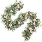 6FT Artificial Flowers Eucalyptus Garland with Roses Flower Vine Greenery Garland Hanging Plant for Wedding