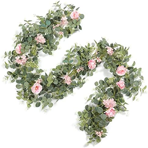 6FT Artificial Flowers Eucalyptus Garland with Roses Flower Vine Greenery Garland Hanging Plant for Wedding