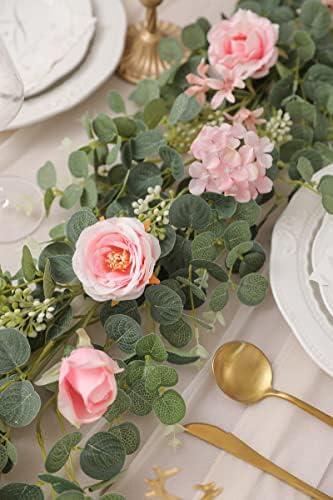 6FT Artificial Flowers Eucalyptus Garland with Roses Flower Vine Greenery Garland Hanging Plant for Wedding, alternate view 3