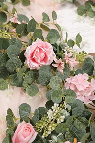 6FT Artificial Flowers Eucalyptus Garland with Roses Flower Vine Greenery Garland Hanging Plant for Wedding, alternate view 6