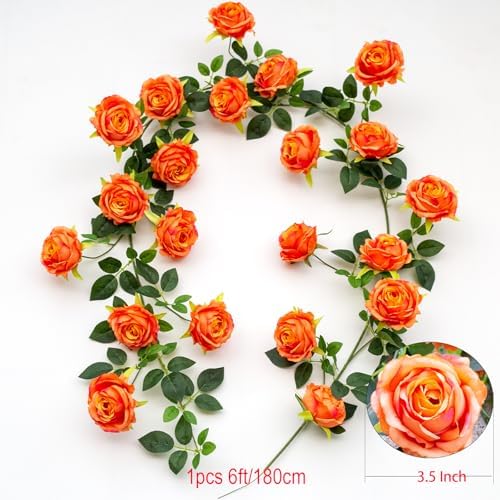 6FT Bendable Artificial Flower Garland Faux Rose Vine for Home Decor in Orange, alternate view 3