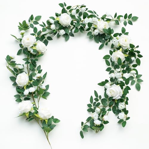 6FT Bendable Flower Garland, Artificial Rose Vine for Wedding Decor, White in White