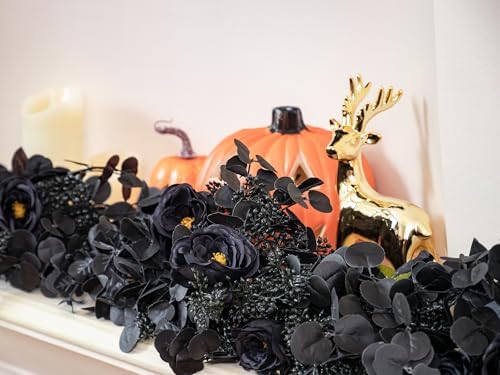 6FT Black Halloween Garland with 10 Black Roses, Berry & Eucalyptus Leaves, alternate view 4