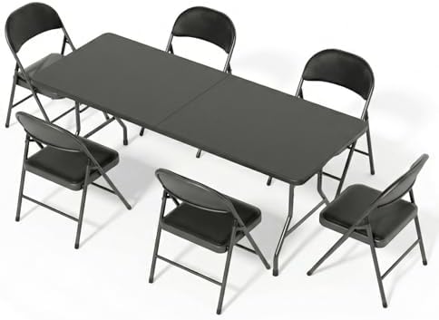 6FT Black Plastic Folding Table Set with 6 Black PU Padded Chairs